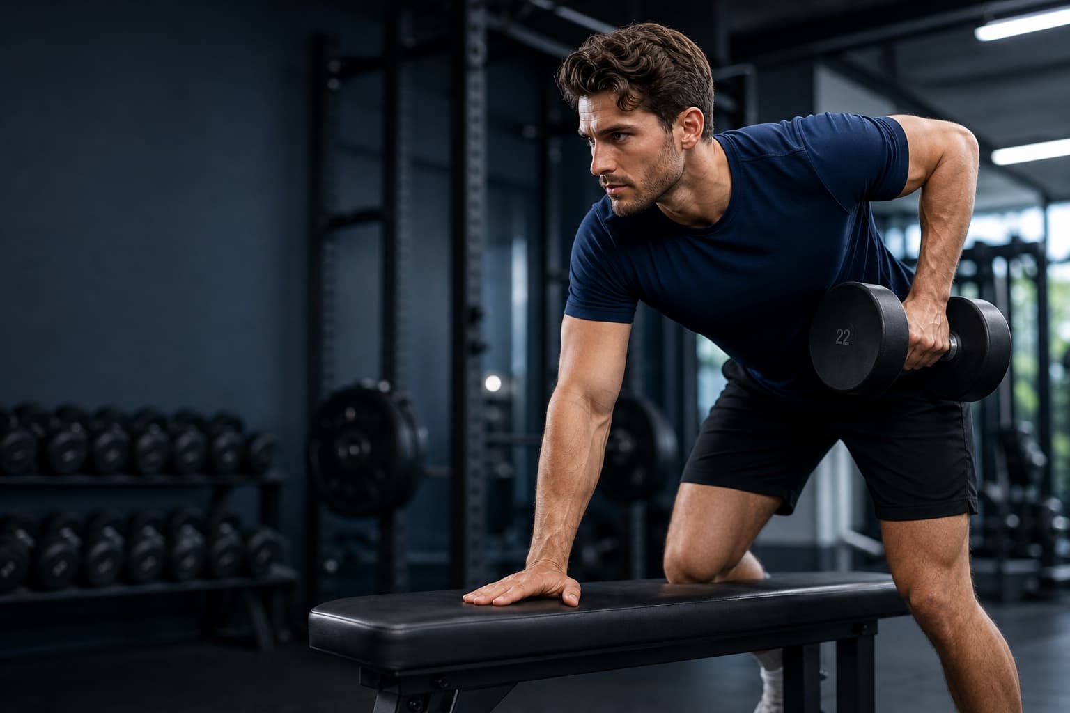 Sporter traint met dumbbell in een moderne gym